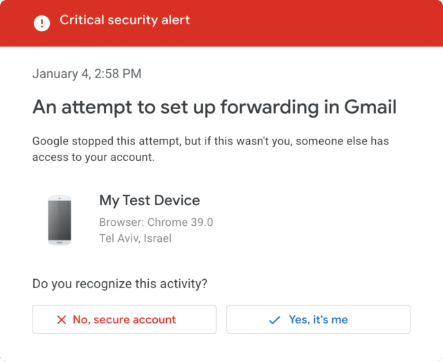 Gmail critical security alert