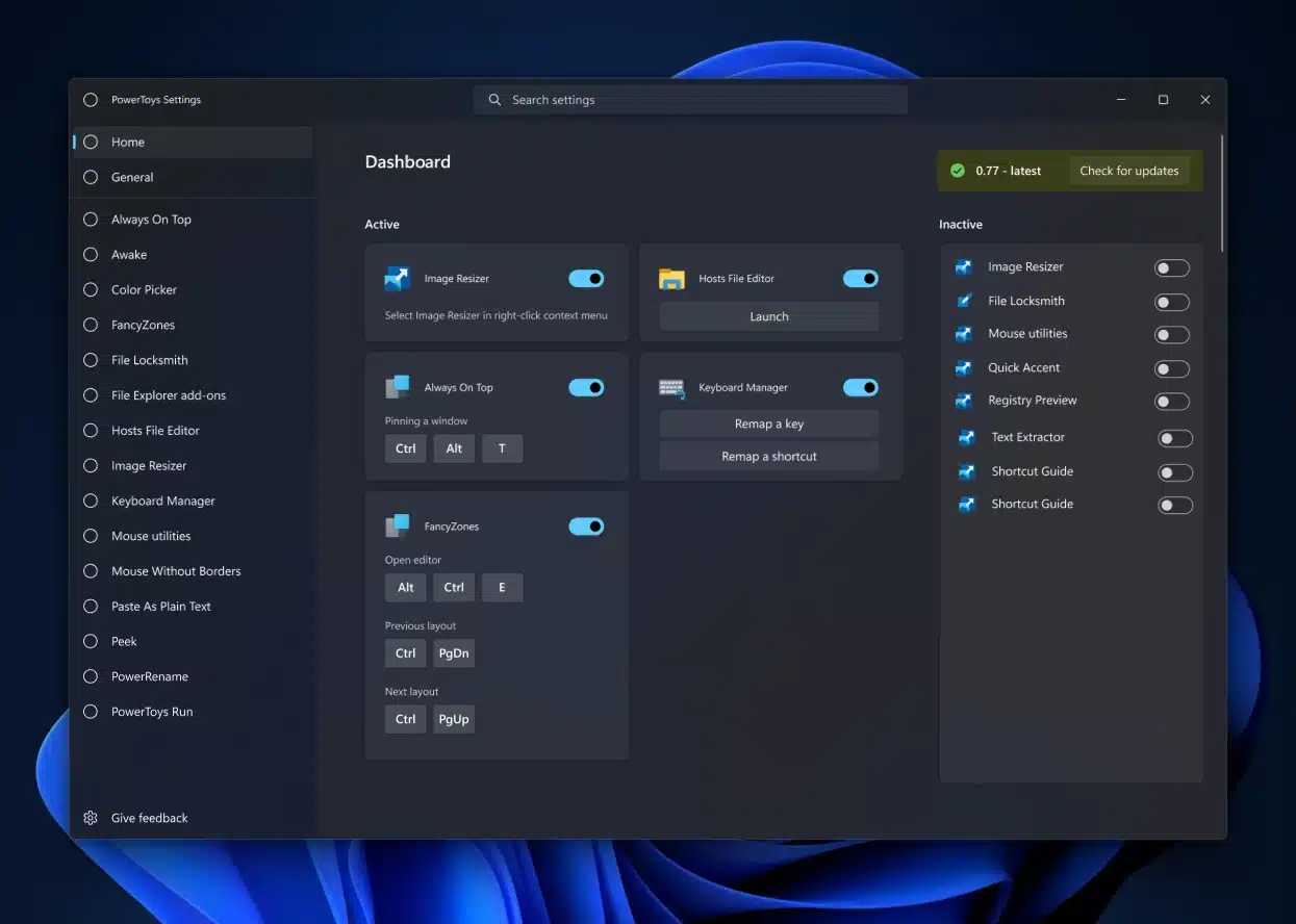 New PowerToys homepage dashboard