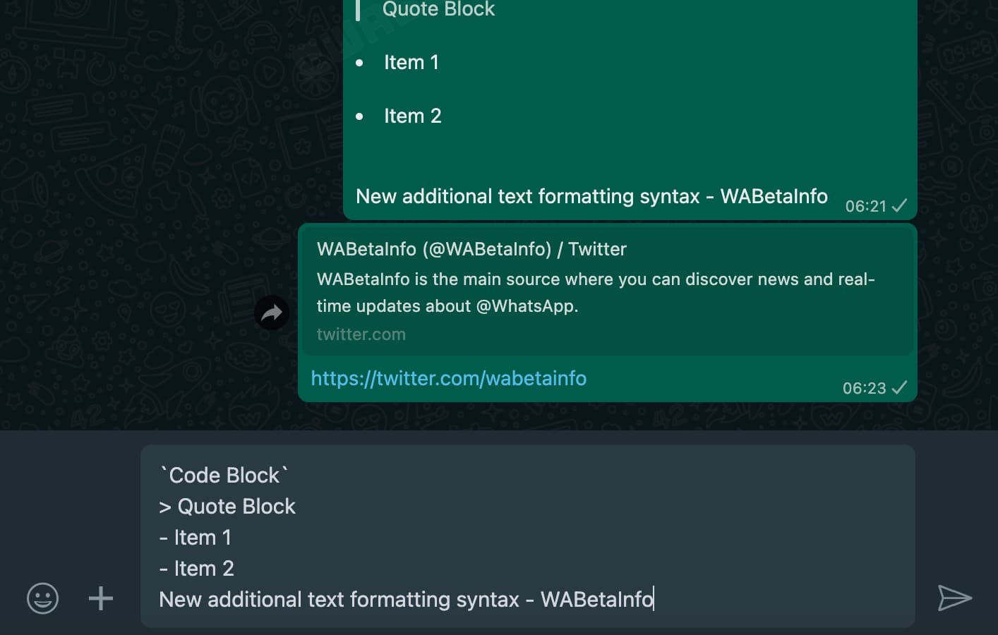 WhatsApp text formatting options