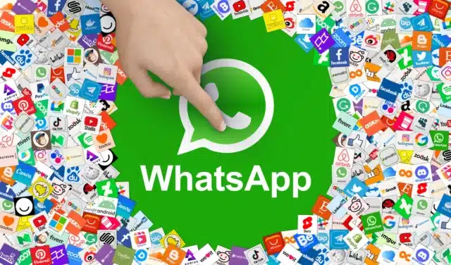 Large WhatsApp logo surrounded by numerous small tech logos