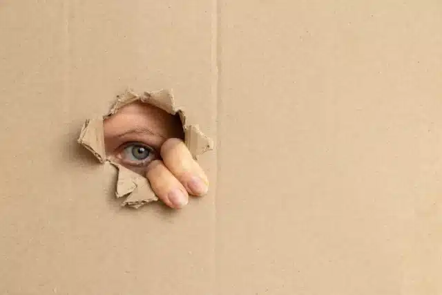 Peeking through hole in cardboard