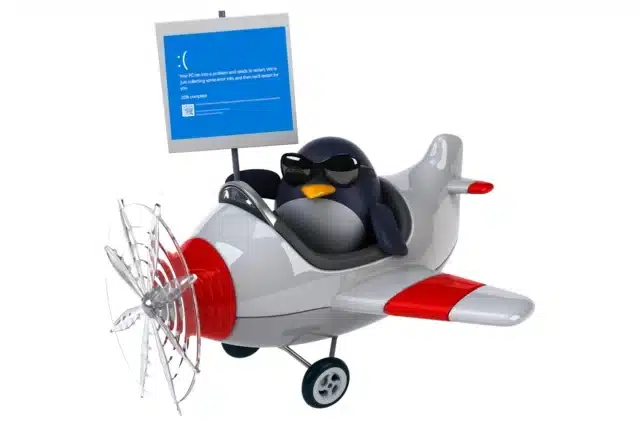 Penguin flying a plane holding placard with BSoD