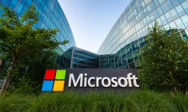 Microsoft logo in front of buildings