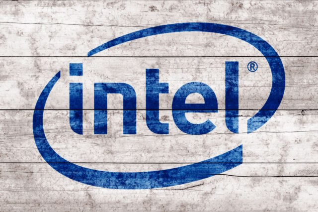 Intel logo on wood