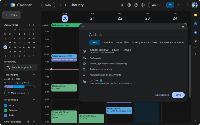 Google Calendar on web in dark mode