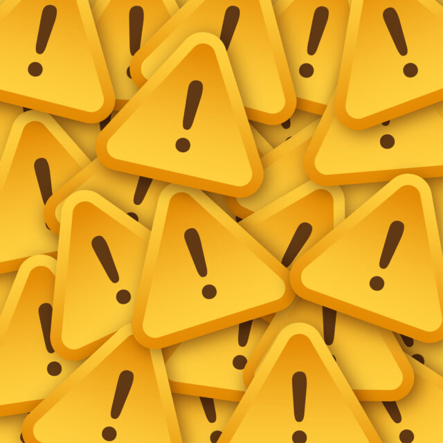 Banner with yellow scam alert sticker pattern. Attention sign. Cyber security icon. Caution warning sign sticker. Flat warning symbol.