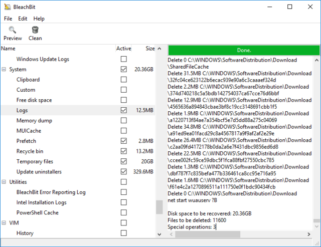 Bleachbit interface.