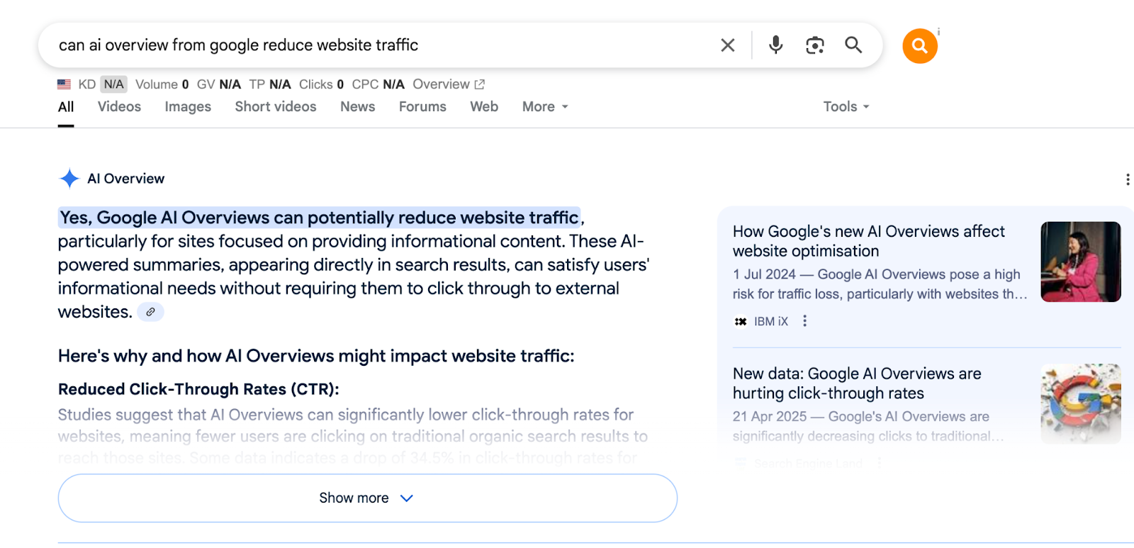 Google search results for the query "can AI overview from google reduce website traffic", with the AI Overview result on the top of the page. The result says that AI Overviews can potentially reduce website traffic.