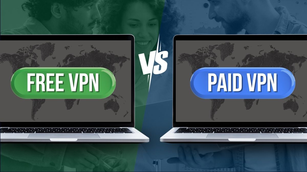 Side-by-side comparison image showing two laptops: one labeled 'Free VPN' with a green button, and the other labeled 'Paid VPN' with a blue button. A 'VS' symbol is placed between them, indicating a comparison