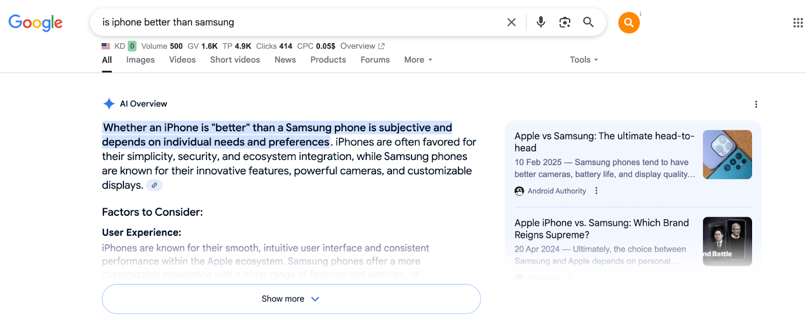 Google search results for the query "is iphone better than samsung", with the AI Overview result on the top of the page.