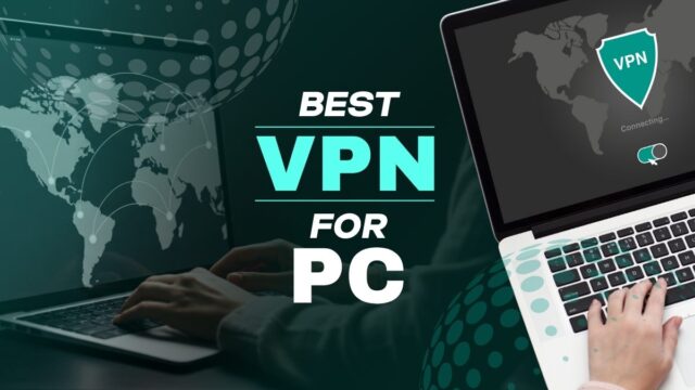 Graphic with the text 'Best VPN for PC' in bold letters. On the right, a laptop screen displays a VPN shield icon and a toggle switch, with a world map in the background. On the left, a person types on a keyboard with digital network graphics overlayed.