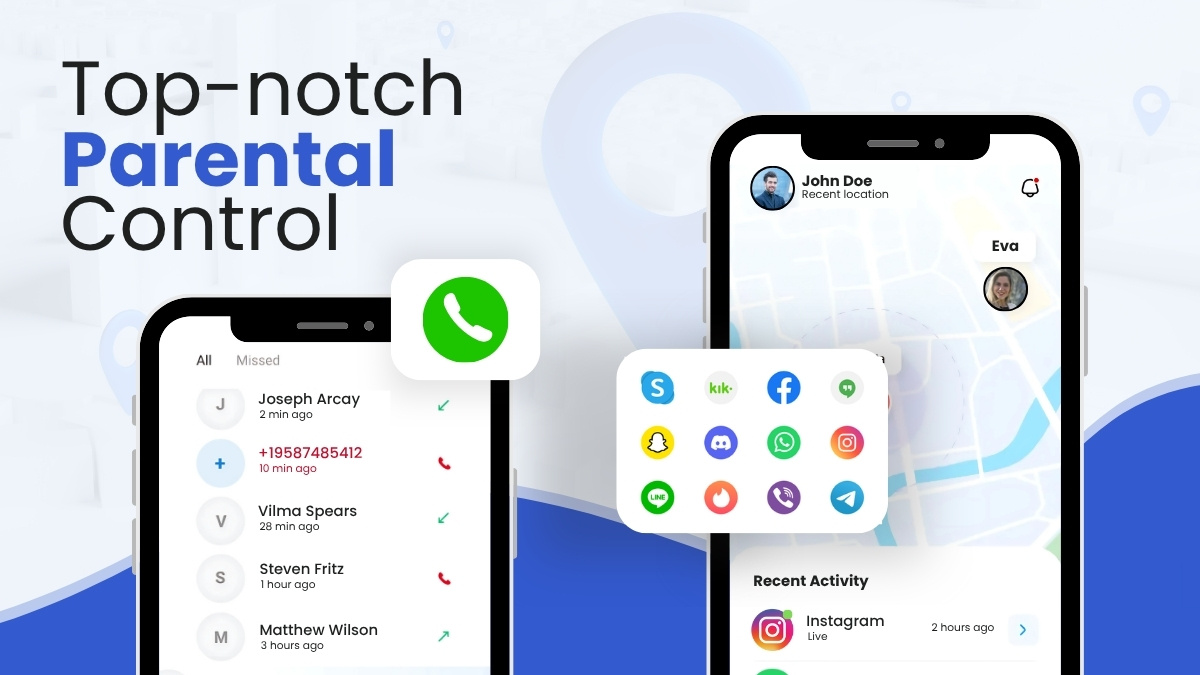 Two smartphones showing apps, map and contacts