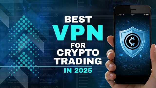 Dashboard view of a trader using a laptop with a VPN shield icon overlay, blockchain nodes and Bitcoin logos in the background, symbolising cryptocurrency security.