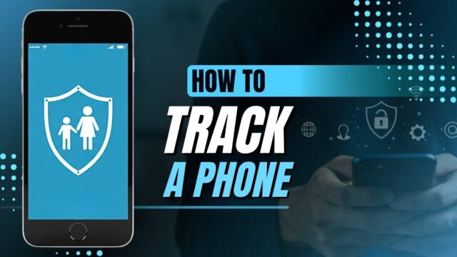 Illustration of a parent using a phone tracker parental control app dashboard on a laptop, showing live location and alerts