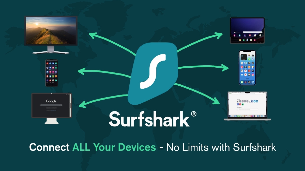 a group of computers and a logo on a dark green background with white and green text
