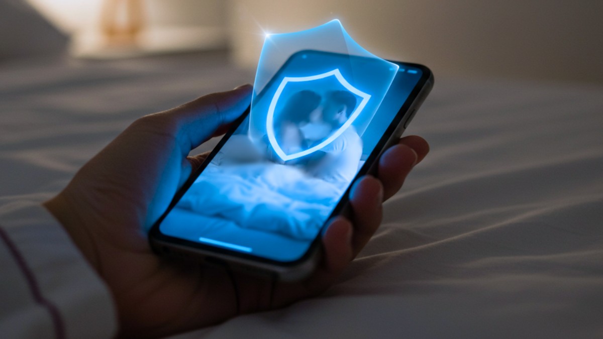 a hand holding a phone with a glowing shield on the screen