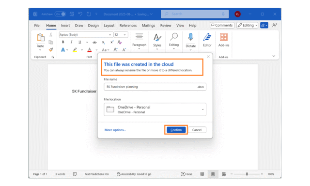 Microsoft Word saves to cloud