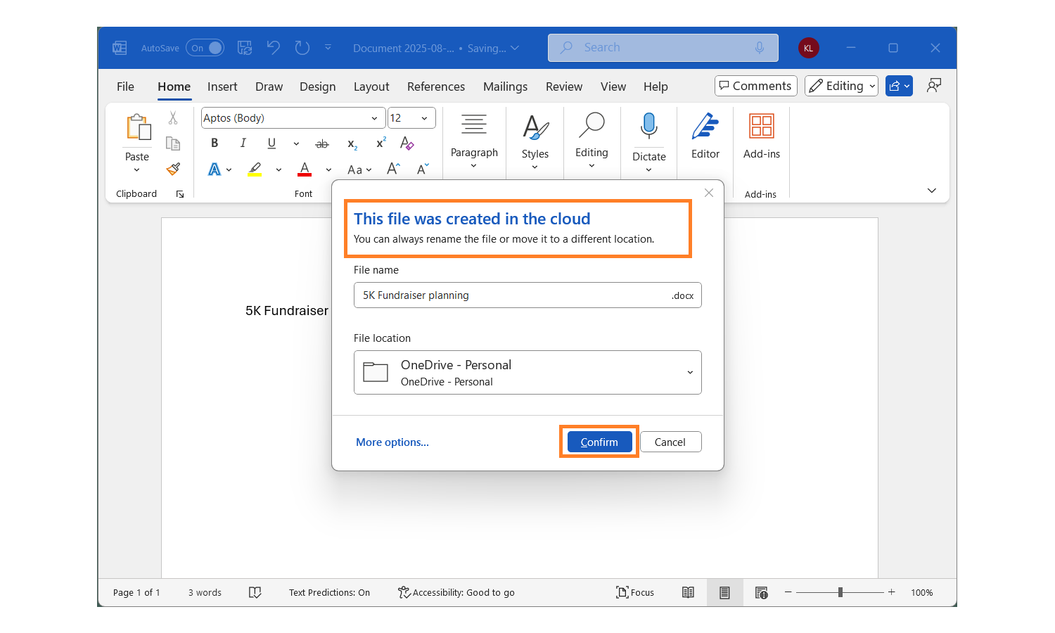 Microsoft Word saves to cloud