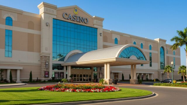 Modern casino building with landscaping