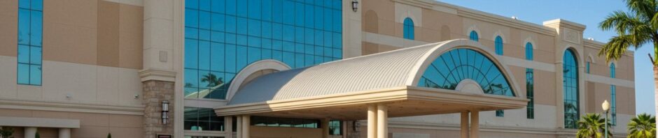 Modern casino building with landscaping