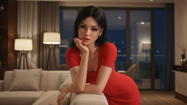 a woman in a red dress leaning on a couch