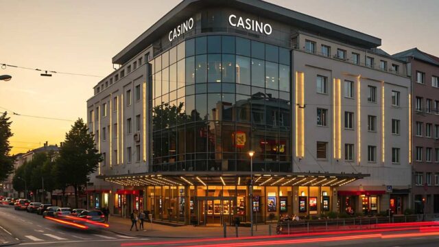 Modern casino building at sunset.