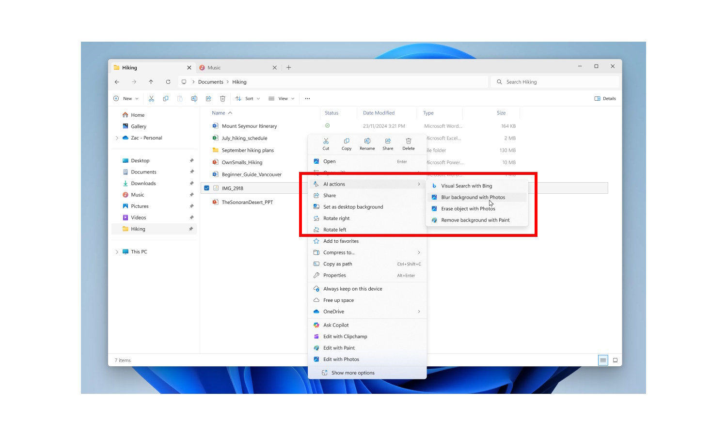 Windows 11 AI actions in File Explorer