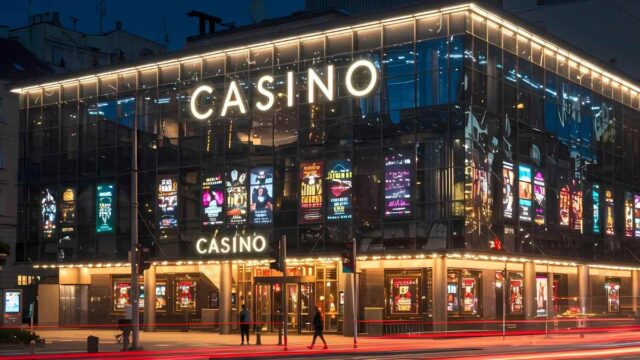 Illuminated casino building at night