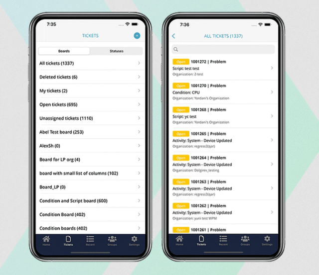 Mobile app ticket management interface