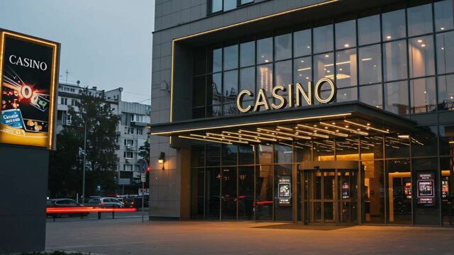 Illuminated casino entrance at dusk.