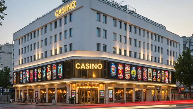 Illuminated casino building at dusk.