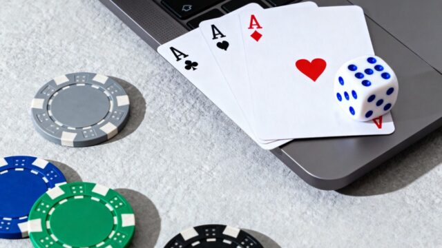 Playing cards and chips on a laptop