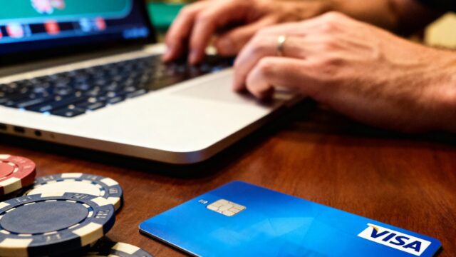 A visa card in front of a laptop