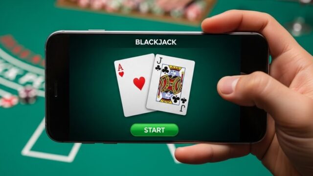 Hand holding phone displaying blackjack game