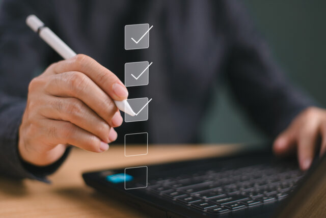 Business performance summary checklist review, businessman with computer online evaluate checklist survey, fill digital report form as assessment, questionnaire, evaluation, check online survey