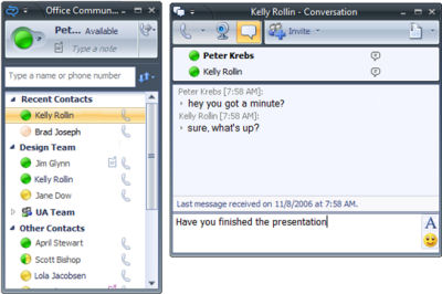 The OC window and conversation window from the latest beta of Office Communicator 2007.