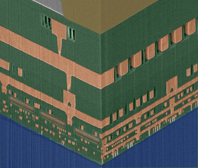 This model of a semiconductor's cross section shows the vacuum gaps etched in-between wire segments.