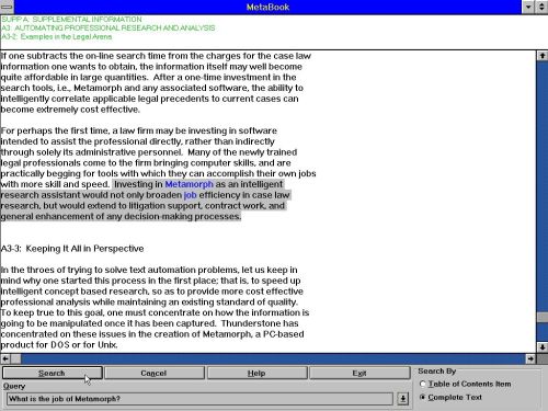 A demonstration of Metamorph's contextual search capabilities, circa 1993.