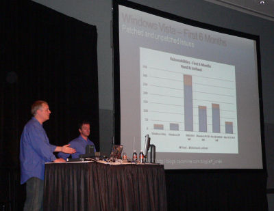 Microsoft's security marketer Jeff Jones presents the six-month vulnerability slide at TechEd 2007.