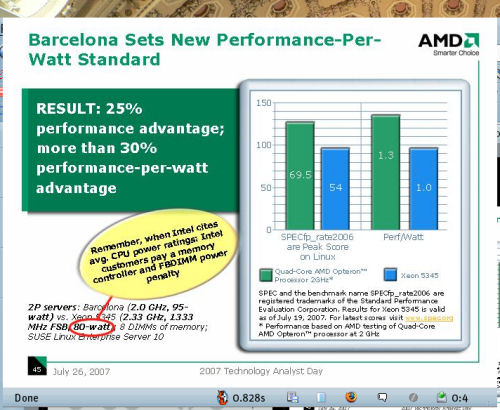 The sole performance claim AMD was willing to make against Intel during its semi-annual Technology Day on July 26, 2007.