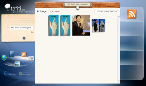Microsoft's Tafiti search results beta, showing images in response to "SEC Dell Investigation" query