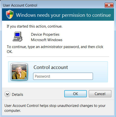 The User Account Control "over-the-shoulder" elevation prompt in Windows Vista.