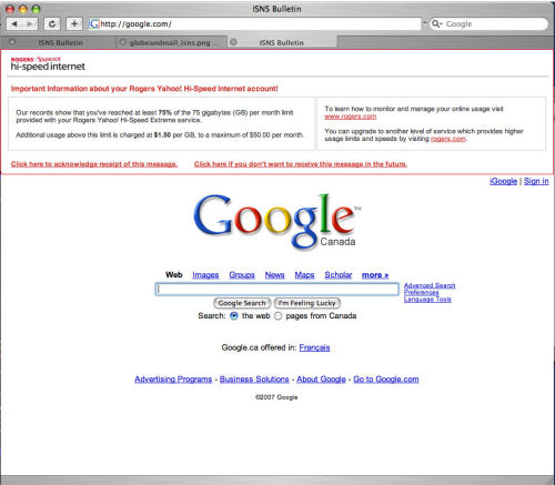 We interrupt this Google for a message from Rogers Yahoo ISP...literally, along the top of Google's home page.