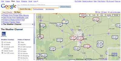 Google Maps with integrated temperatures from The Weather Channel