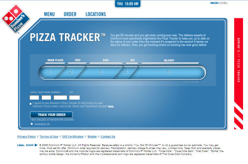 The home page for Domino's high-tech pizza tracker