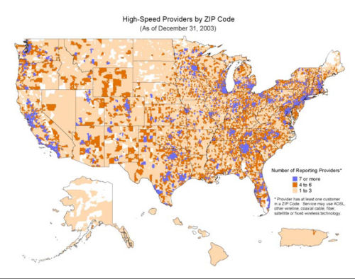 Relative US coverage of broadband service providers for 2003