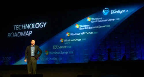 Microsoft CEO Steve Ballmer in front of a projection of what's supposed to be the future, some of which he admitted to be 'an inventory of what Microsoft has shown thus far.'