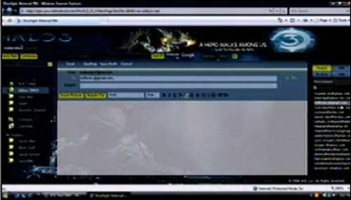 AOL Mail using Silverlight 2 Beta 1 and a Halo 3 motif, with mail composition open.