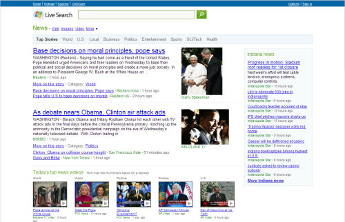 The front page of Microsoft's Live Search News at 1:00 pm EDT on its inaugural day.