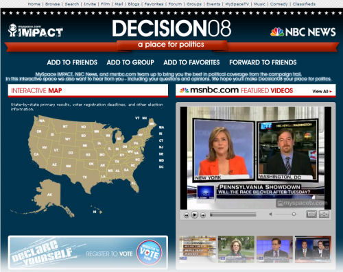 NBC News unveiled its Decision '08 page for MySpace on April 22, 2008